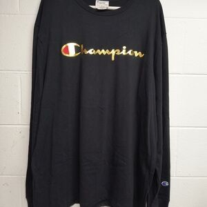 Champion Black Long Sleeve Shirt with Gold Logo 2XL XXL NWT New
